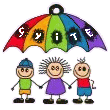 A gyite ikonja, egy esernyő alatt három gyerek, egymás kezét fogva